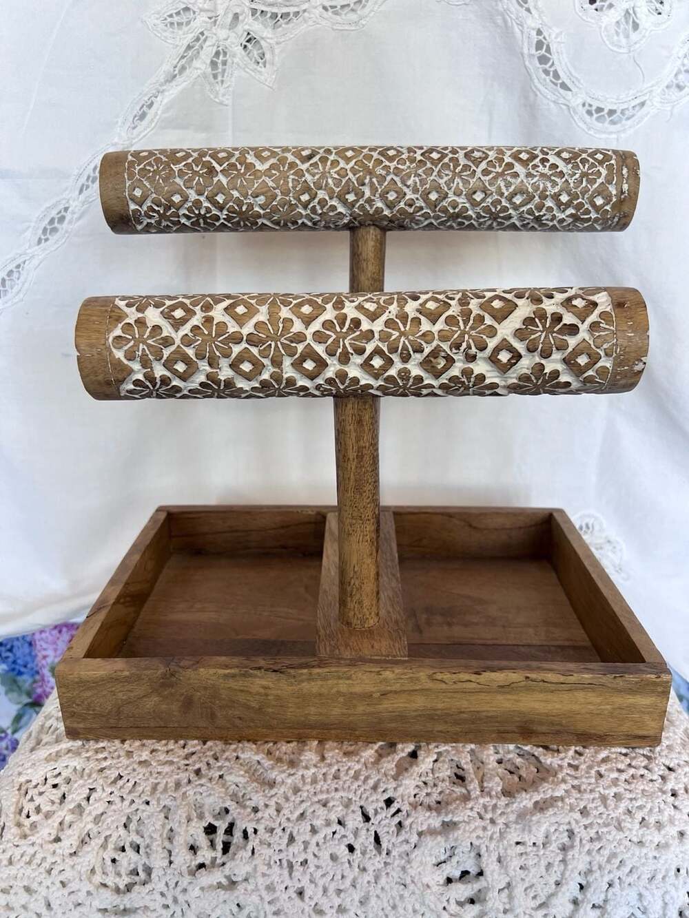 Handcrafted Mango Wood 2-Tier Jewelry Display Stand with Carved Floral Details